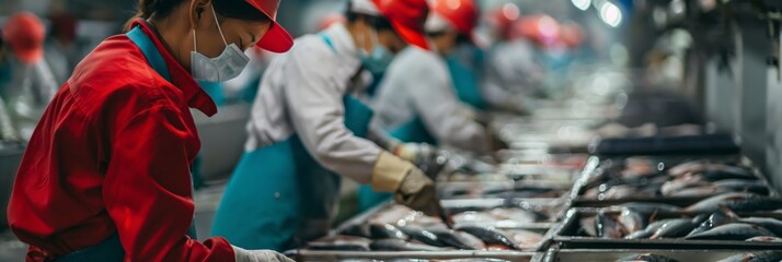 Obraz premium Workers clad in protective gear sort fish on a metal table, ensuring quality control in a food processing plant