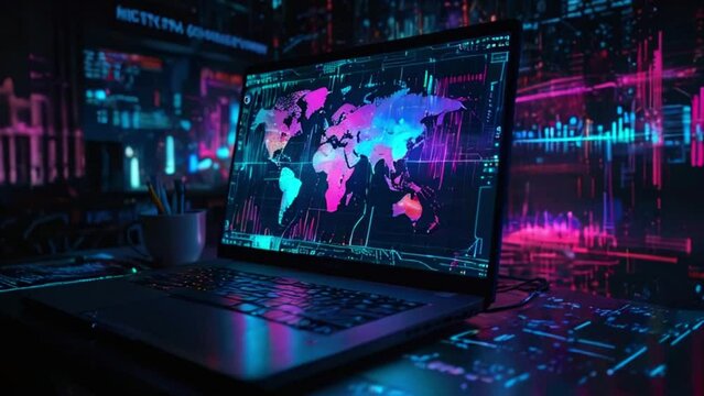 A dark background with a laptop in the center. The laptop is displaying a world map with bright neon colors.
