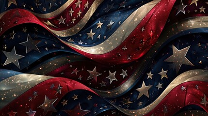  An elegant dance of stars and stripes, flowing together in an intricate, wave-like motion, with rich, vibrant colors 