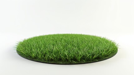a circle shaped green gras area in front of a white background, functioning as a display area to place objects on it, so the area is shown as it lays perpectivly on the floor, 8k 