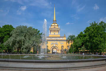 Fountain on the background of the old building of the Main Admiralty. Saint Petersburg