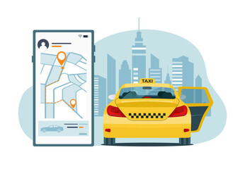 Concept illustration of online taxi service. Vector illustration. © lyudinka