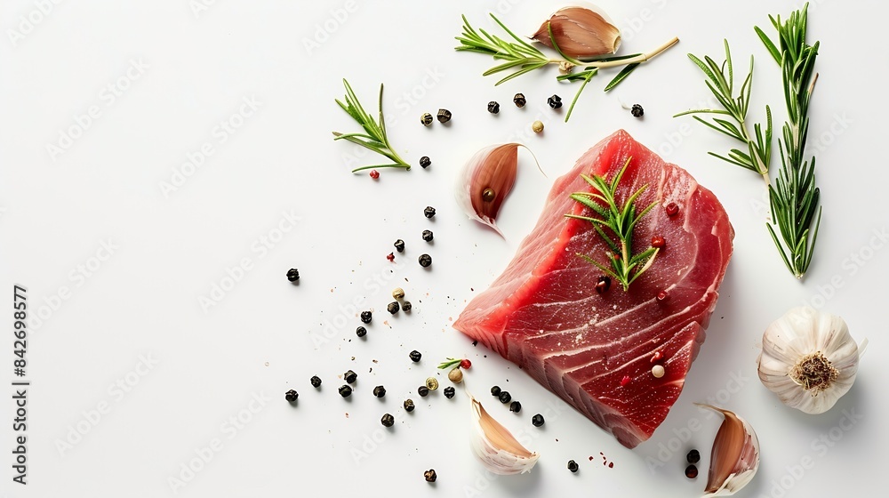 Wall mural Fresh raw tuna steak and rosemary isolated on white background : Generative AI