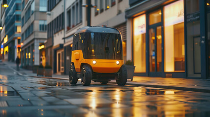 Obraz premium Efficient Urban Logistics: AI-Powered Autonomous Delivery Robot Navigating City Streets