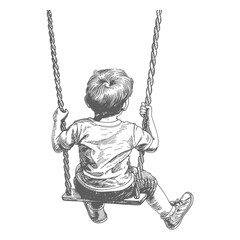 little boy playing swing in the playground with vector engraving style black color only