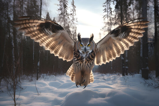 Eagle owl in flight. Attack of a large owl. Illustration with the bird of prey in nature.

