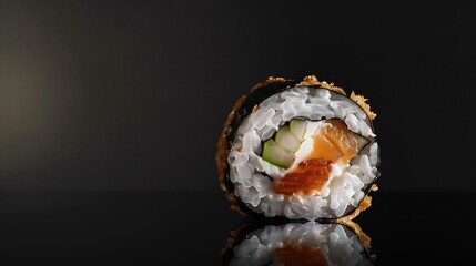 Maki Sushi  Roll made of Smoked Eel Cream Cheese and Deep Fried Vegetables inside Fresh Salmon outside : Generative AI