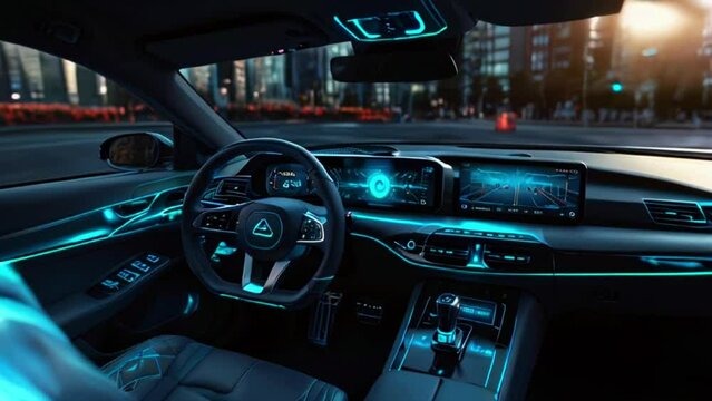 The video shows the inside of a futuristic car with a steering wheel, a digital dashboard, and a large center console.