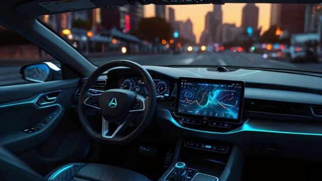Shows the inside of a car with a steering wheel, a navigation screen, and a city street with traffic outside the window.
