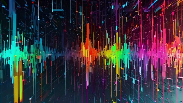 A sound wave with multiple colors. The sound wave is made up of many vertical lines that are close together. The colors of the lines vary from dark blue to light blue, green, yellow, orange, and red. 