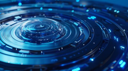 AI artificial intelligence style disc, data transfer, blue background, distant view, OC renderer, high resolution 