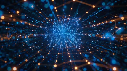 Fototapeta premium an artificial intelligence data center, ultra HD, with connections emanating outwards from the center, dark blue and black 