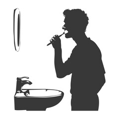 Silhouette of man brushing teeth by sink and mirror.