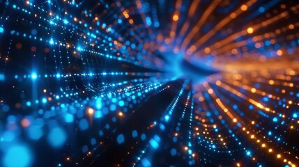 Fototapeta premium Blue and orange lights form a matrix of points, representing the flow of data as a fast-moving tunnel