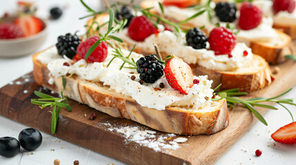 Tasty sandwiches with cream cheese rosemary and berrie