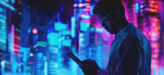 young successful businessman person using phone at futuristic tech city background, man and digital communication overlay concept 