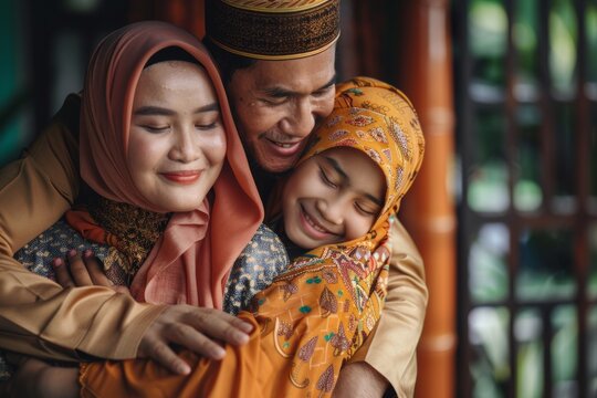 In Lebaran's hometown, the people greet each other and apologize during Eid. The big family hugges each other, parents with their children. A family get-together will be held during this Eid.