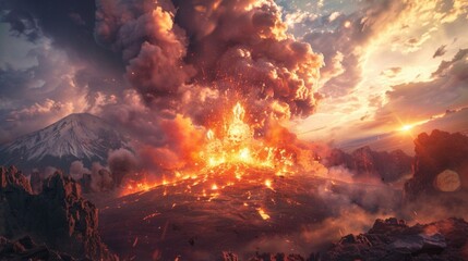 Naklejka premium A wide-angle shot of a volcanic eruption, capturing the full scale of the explosion and the surrounding landscape.