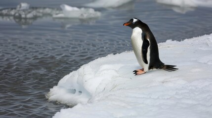 Obraz premium A lone penguin perched on the edge of a melt pond gazing into the pristine waters below.