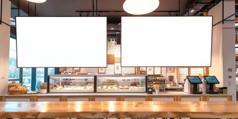 Cozy cafe interior with two large blank menu boards hanging above the counter. The cafe features warm lighting, a variety of baked goods on display, and a welcoming atmosphere, 