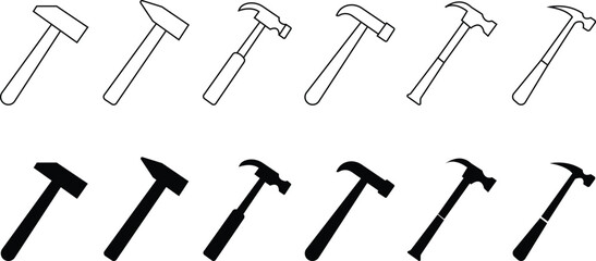 Hammer icon set template black color editable. Hammer symbol Flat vector sign isolated on transparent background. Simple Symbol, logo vector for graphic, emblem, badge, label, stamp and web design.