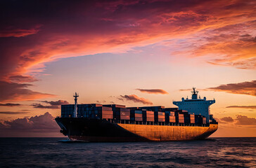 A large cargo ship silhouetted against a stunning sunset, with the sky ablaze in hues of orange and pink Generative AI image.
