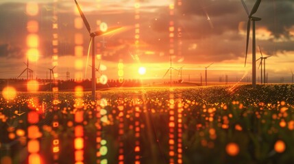 Fototapeta premium Tax financial model intertwined with the energy sector, solar and windmills casting dynamic holograms of financial data, the juxtaposition of nature and finance, daylight scene with vibrant hues, conv