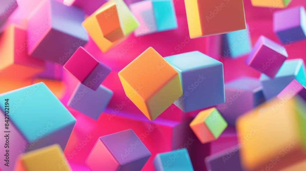 Poster an abstract 3d background with floating geometric shapes in various colors, creating a modern and dy