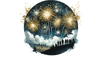 Gold and Silver Fireworks Viewed from Hilltop