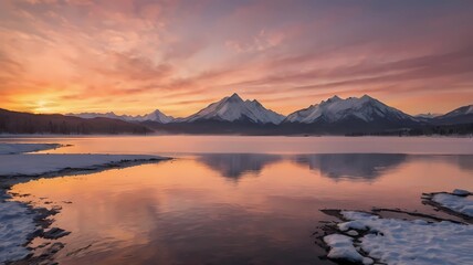 The sun shines in golden and pink colors over a towering mountain range covered in snow. The colors of the sky are reflected on a calm lake in the foreground, while some fog forms over the plains