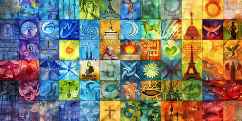 The Global Mosaic: Religions as Colorful Tiles in a Cultural Mosaic - Visualize different religious symbols and practices as colorful tiles, coming together to form a diverse and vibrant mosaic