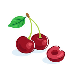 Fresh cherries. Two whole berries and half. Picture in line style.  Isolated on white background. Vector flat illustration.
