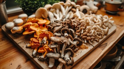 Close-up of a variety of wild mushrooms arranged on a wooden cutting board, showcasing their diverse shapes and colors.