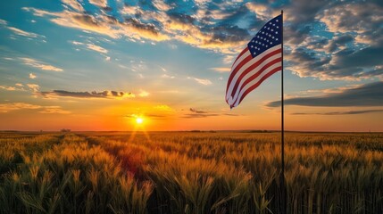  A stunning sunset over a vast wheat field, with an American flag gently waving on a flagpole in the foreground.