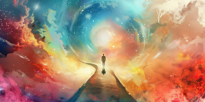 The Transcendent Journey: Life's Ascension to Higher Realms - Visualize a path leading upwards to a realm beyond, symbolizing the journey of the soul to higher planes of existence after death.