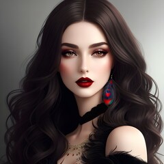 Fototapeta premium Captivating AI Art: Dark-Haired Woman in Elegant Black Dress, Digital Illustration. Beautiful Digital Portrait of a Woman with Deep Blue Eyes and Luxurious Black Hair – AI Generated Art 