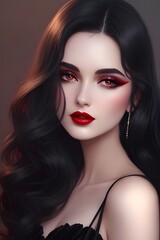 Fototapeta premium Captivating AI Art: Dark-Haired Woman in Elegant Black Dress, Digital Illustration. Beautiful Digital Portrait of a Woman with Deep Blue Eyes and Luxurious Black Hair – AI Generated Art 