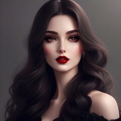 Fototapeta premium Captivating AI Art: Dark-Haired Woman in Elegant Black Dress, Digital Illustration. Beautiful Digital Portrait of a Woman with Deep Blue Eyes and Luxurious Black Hair – AI Generated Art 