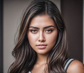 Naklejka premium A woman with long brown hair and a tan face