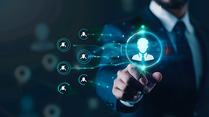 Businessman selects a person from a group of icons with a check mark on a virtual screen for dancer safety and quality control 