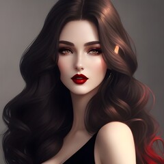 Fototapeta premium Captivating AI Art: Dark-Haired Woman in Elegant Black Dress, Digital Illustration. Beautiful Digital Portrait of a Woman with Deep Blue Eyes and Luxurious Black Hair – AI Generated Art 
