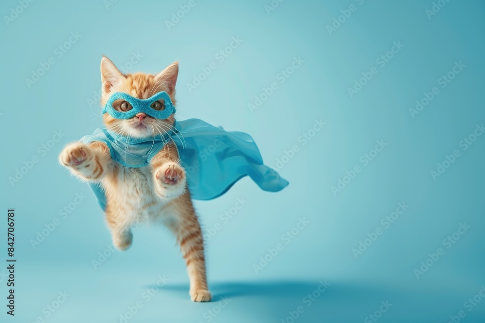 Wall mural superhero cat, Cute orange tabby kitty with a blue cloak and mask jumping and flying on light blue background with copy space. The concept of a superhero, super cat, leader, funny animal studio shot