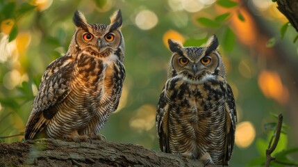 Fototapeta premium A pair of owls perch on a tree branch, illuminated by the soft glow of the setting sun. Their watchful eyes peer into the distance, while the surrounding forest casts intricate shadows on the ground.