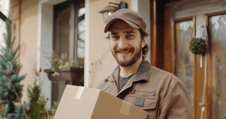 happy young delivery man with cardboard box looking at camera, courier with parcel