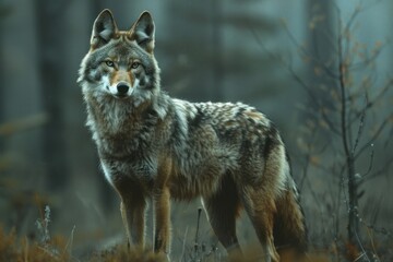Obraz premium A lone coyote stands on the edge of a forest, its eyes reflecting the fading light of dusk. The dramatic lighting casts long shadows on the ground, highlighting the coyote's sleek form. The dense
