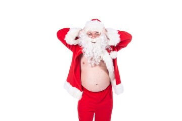 Funny Santa Claus is dancing. White background.