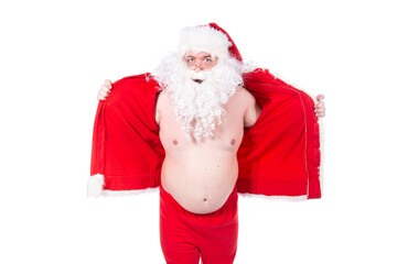 Funny Santa Claus is dancing. White background.