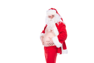 Funny Santa Claus is dancing. White background.