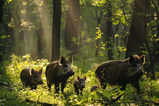 A family of wild boars forages in a sun-dappled forest, their bristly fur catching the light. Shadows dance across the forest floor, adding depth and texture to the scene. The lush greenery and