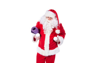 Funny Santa Claus is doing fitness. White background.